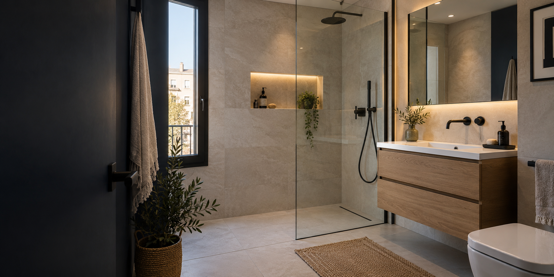 Reforma de baño moderno en Madrid con ducha, mampara de cristal y alicatado
